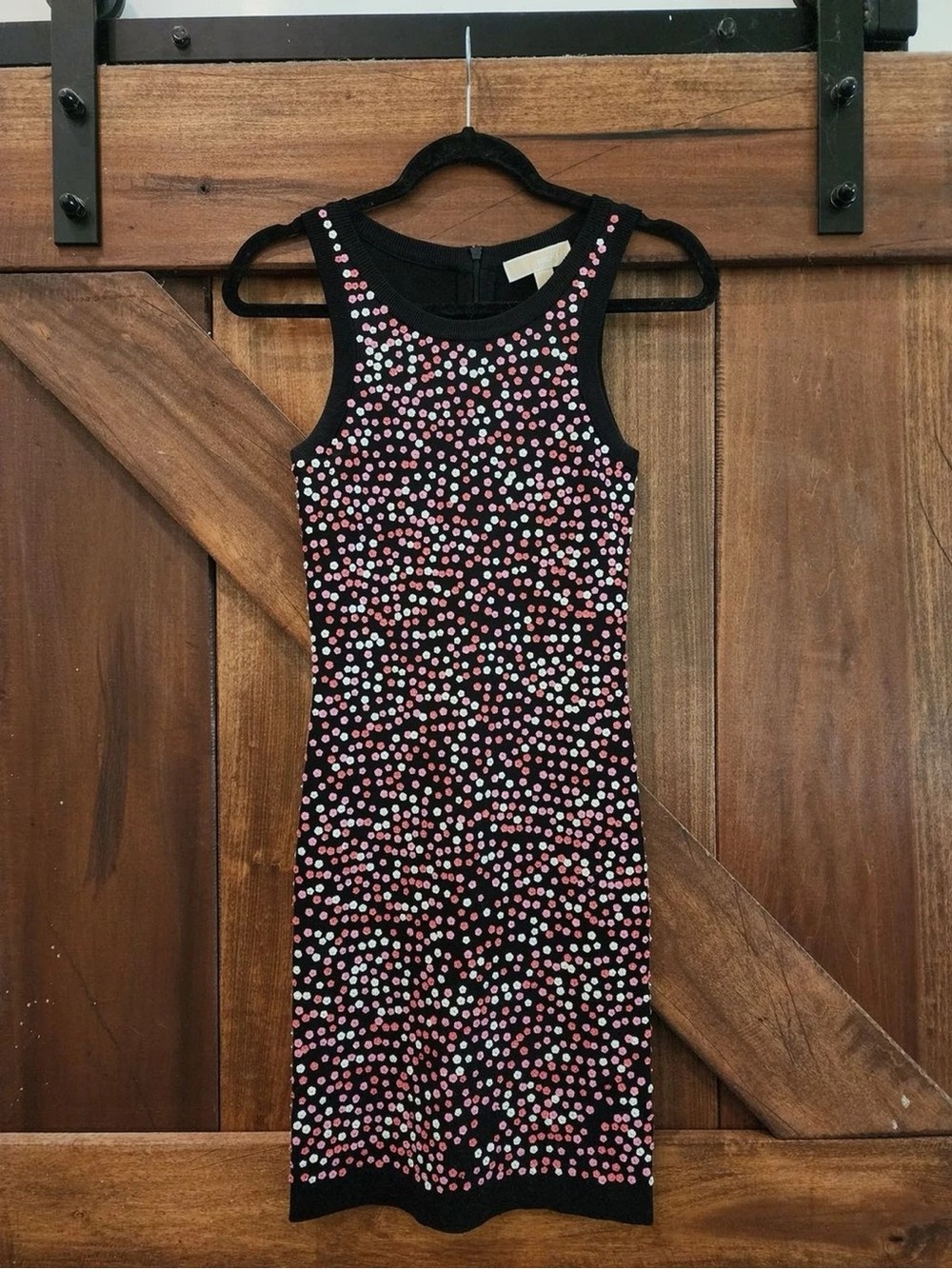 Michael Kors Black Mini Dress with Pink and White Dot Pattern